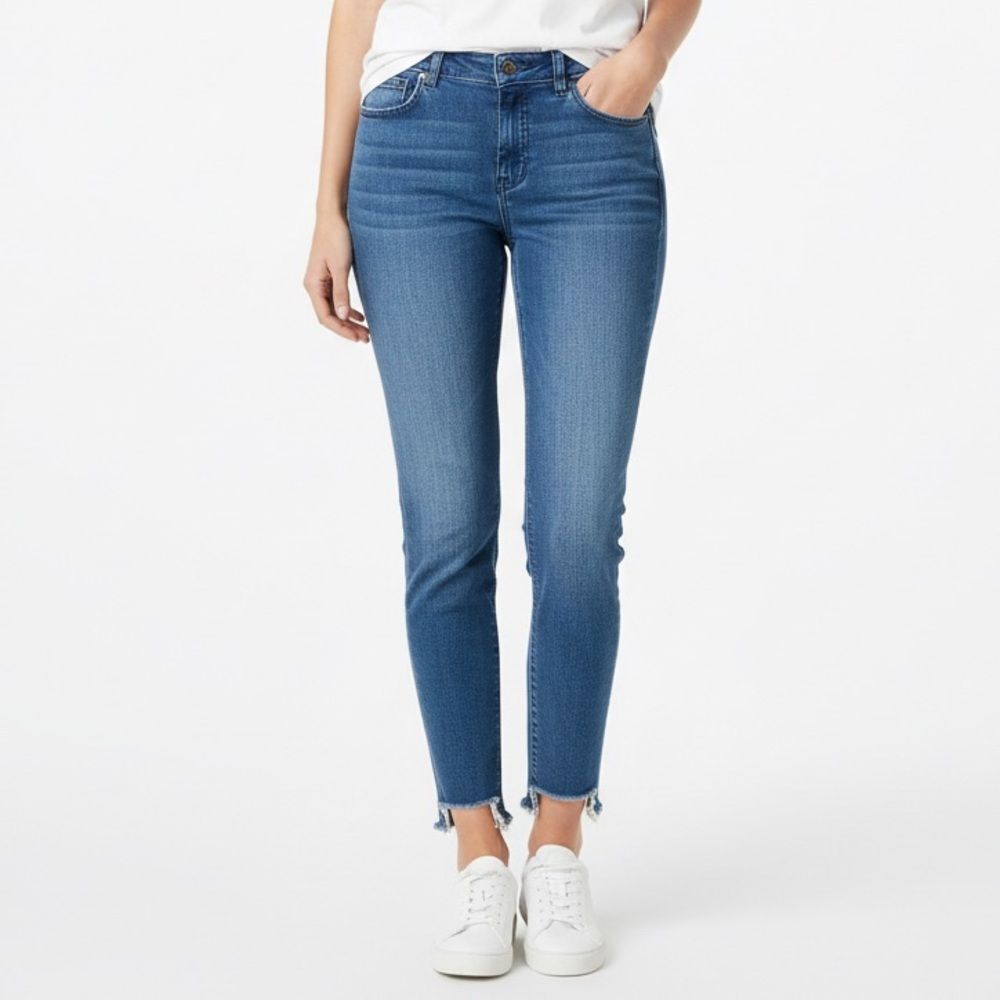 Michael Kors Izzy Skinny Ankle Jeans in Medium Blue Wash Raw Hem Split Cuff Sz 8